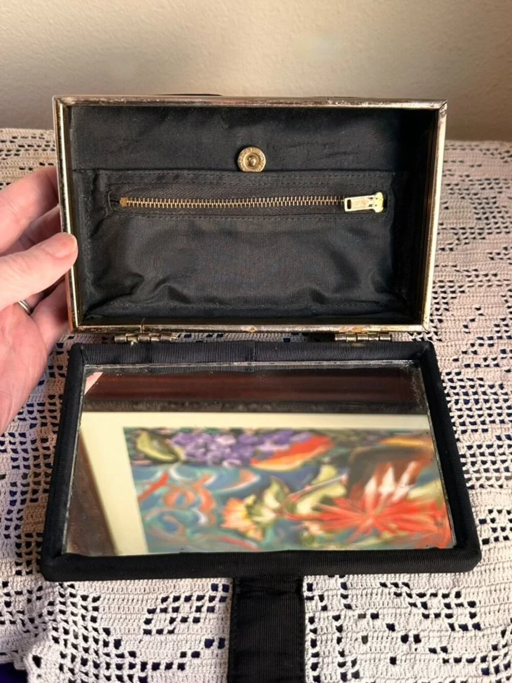 Black Faille Hard-Sided Vintage 1940s Vanity Clutch Purse w/ Tapestry & Mirror